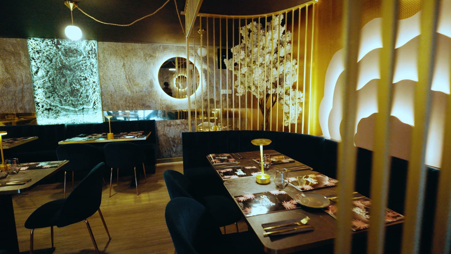 Sweet1NE Lewisham — navy booths, blossom, gold slats