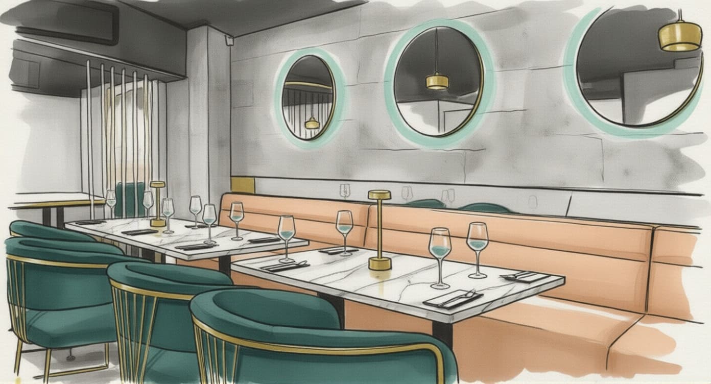 Chingford room, drawn — teal chairs, circular mirrors