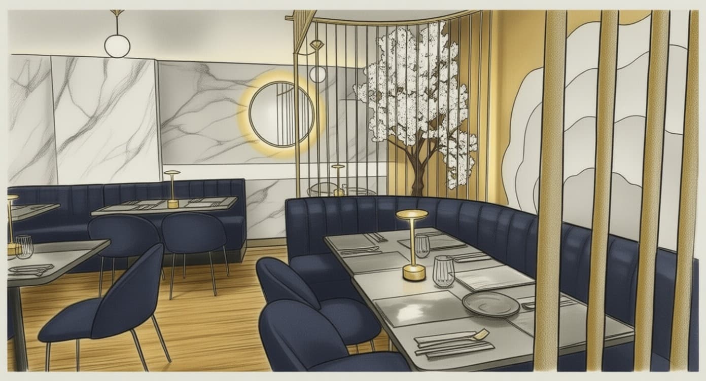 Lewisham flagship restaurant, drawn — navy booths, blossom, gold slats
